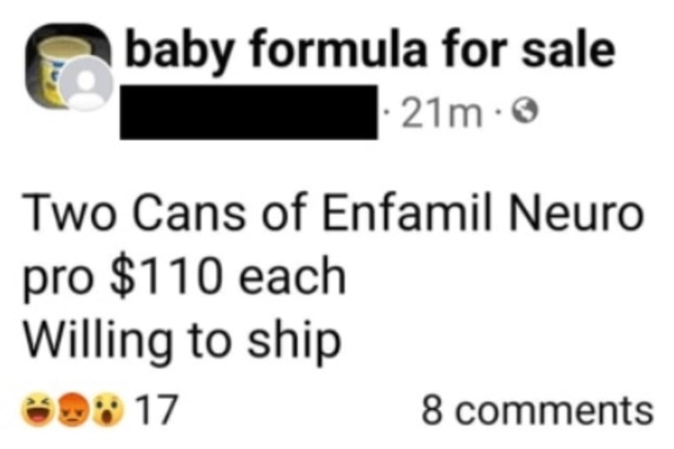 Una publicación en Facebook en la que se anuncian fórmulas para bebés en venta.