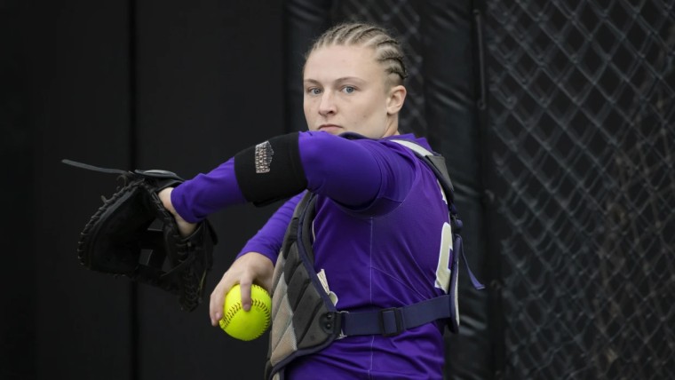 James Madison catcher Lauren Bernett during an NCAA softball game on May 28, 2021 in Columbia, Mo.