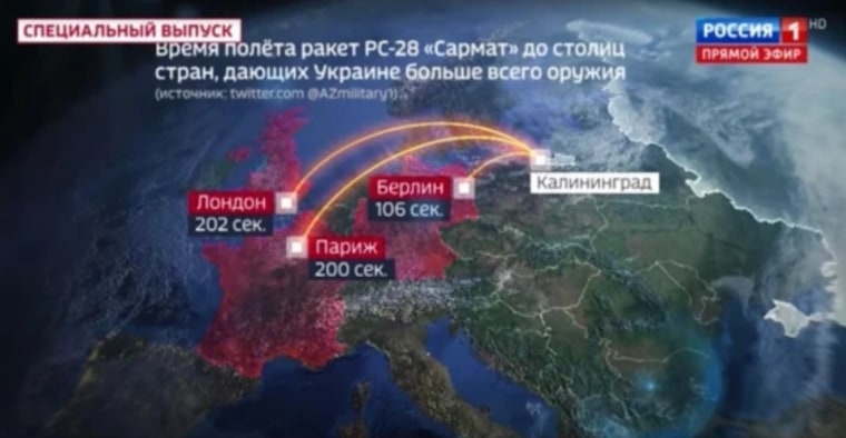 En el programa Rossiya 1 se habló de los ataques nucleares rusos a países europeos a finales del mes pasado.