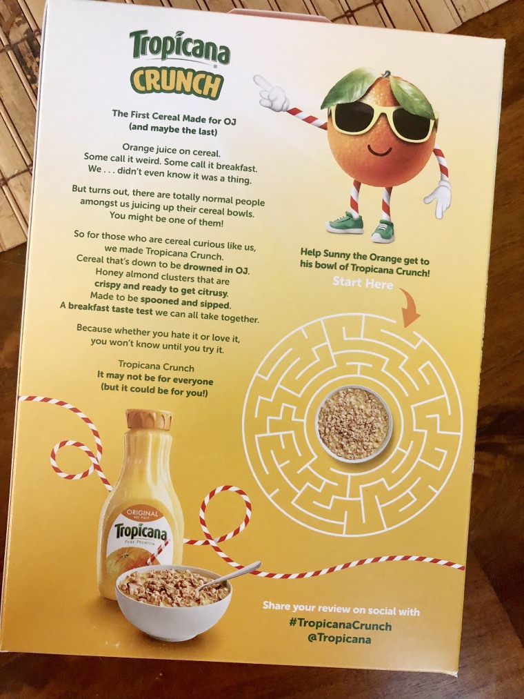 Tropicana Crunch’s box has a handy maze on the back, just in case you weren’t already feeling dizzy enough.