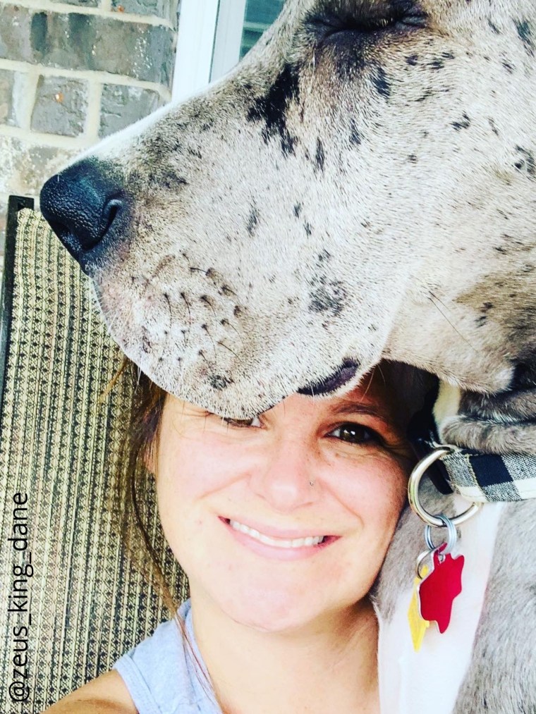 Brittany Davis smiles with Zeus as he sits on her.