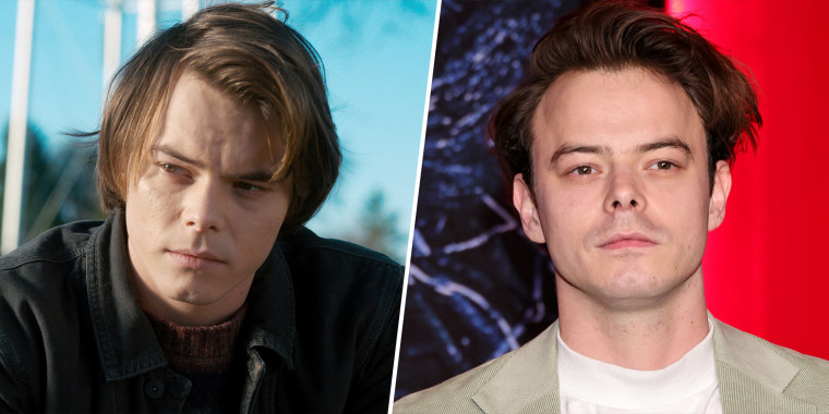 Pictured, l-r: Charlie Heaton in Season One of "Stranger Things," and Heaton at the "Stranger Things" premiere in 2022.