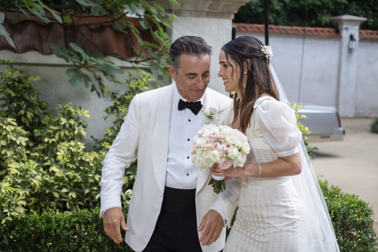 Andy Garcia and Adria Arjona as Billy and Sophie in "Father of the Bride" (2022). 