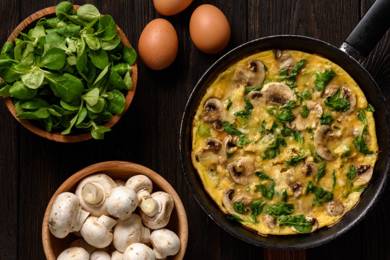 Eggs pack in protein with little carbs. Make it an omelet with low-carb veggies like mushrooms and spinach for a filling breakfast.