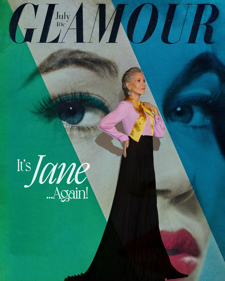 Jane Fonda's cover in the May issue of Glamour, with a throwback when she was first on Glamour's cover in 1959.
