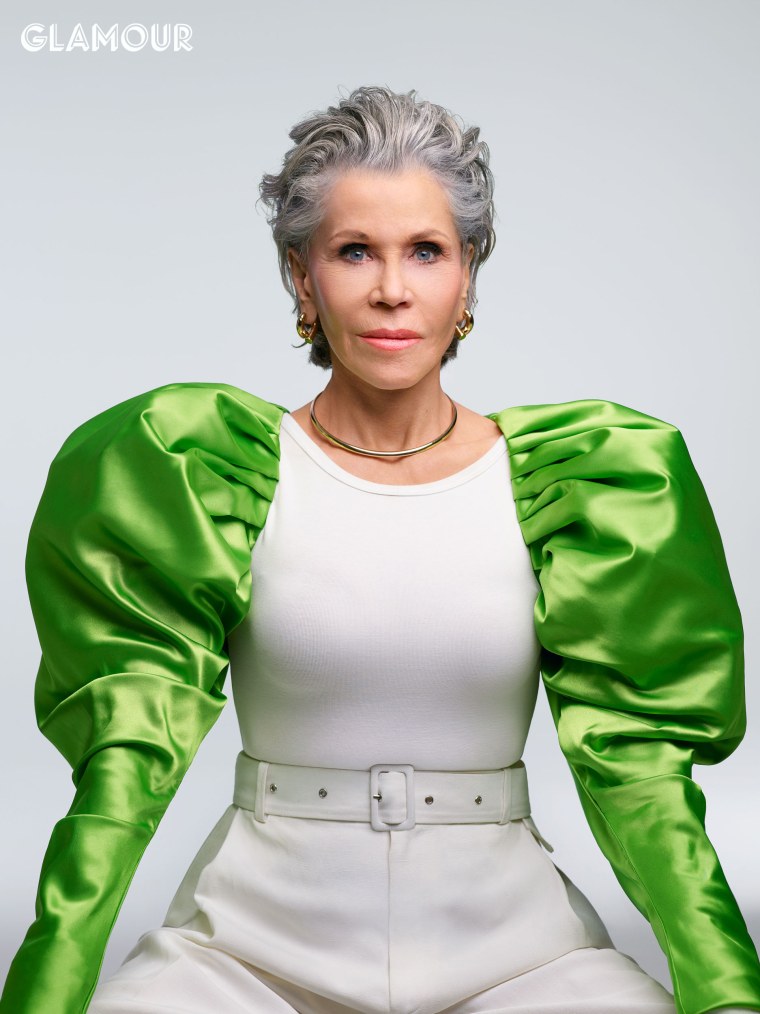 Jane Fonda shines in bright green in the May issue of Glamour.