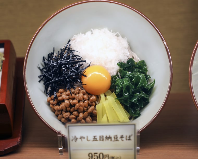 Chilled gomoku natto soba, buckwheat soba noodles with toppings, food model