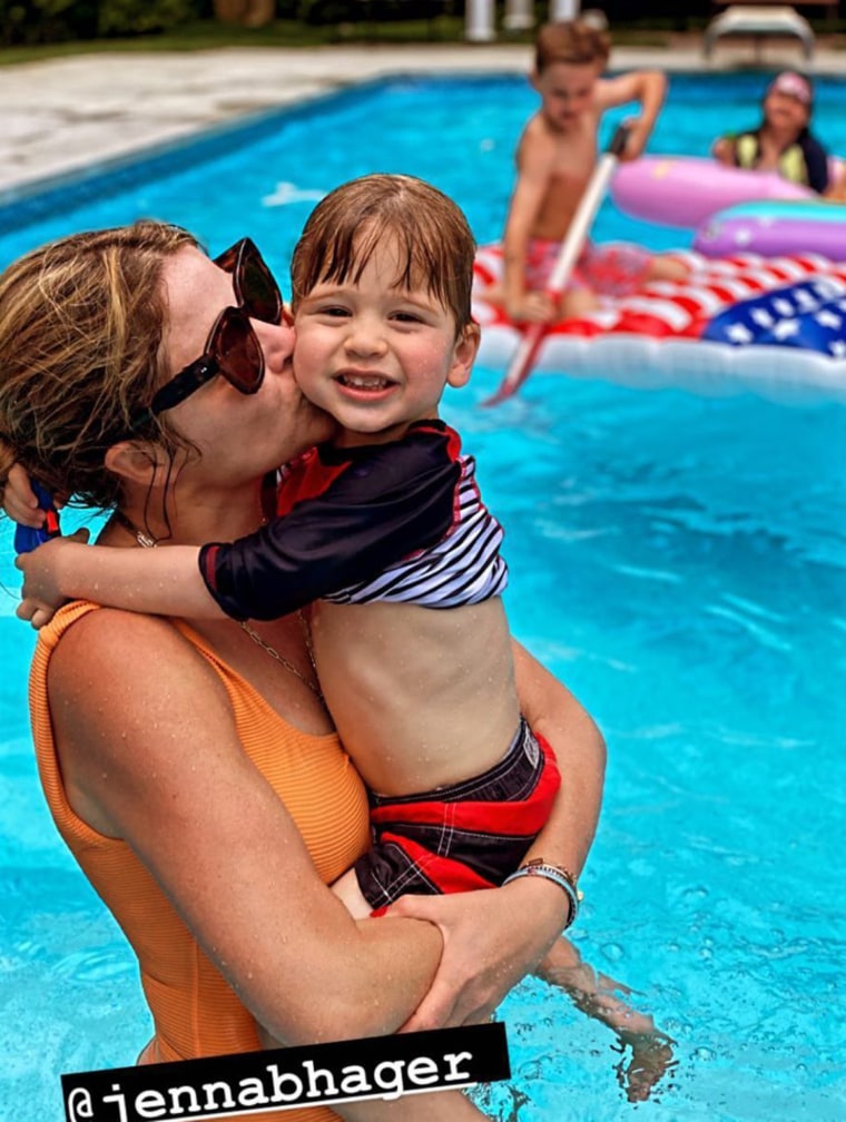 Jenna and her 2-year-old son, Hal, enjoy the pool.