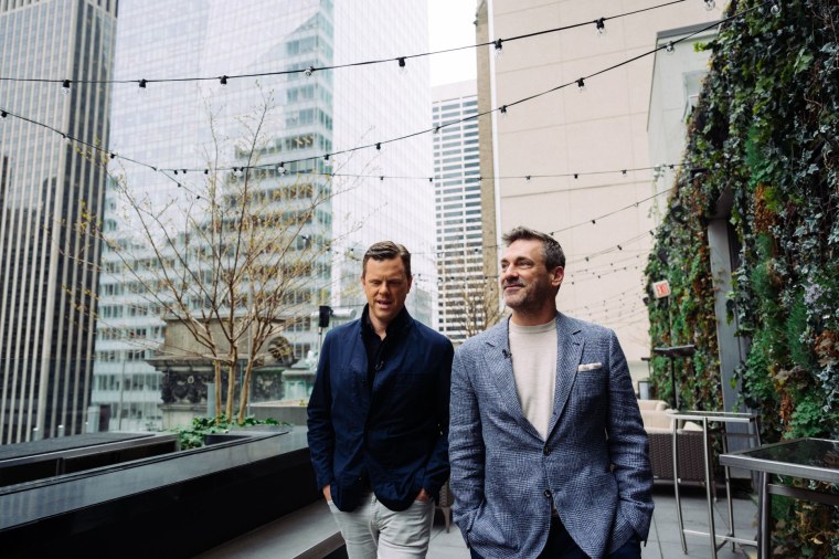 Willie Geist and Jon Hamm talk while filming the Sunday Sitdown. 