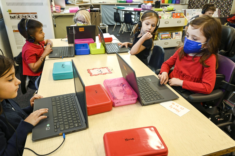 Kindergarteners at Longfellow Elementary on the first day that LBUSD dropped the mask mandate indoors, in Long Beach, Calif., on March 14, 2022.