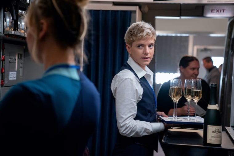Grace St. James and Cassie bond on the job in "The Flight Attendant." Pictured: Kaley Cuoco and Mae Martin.