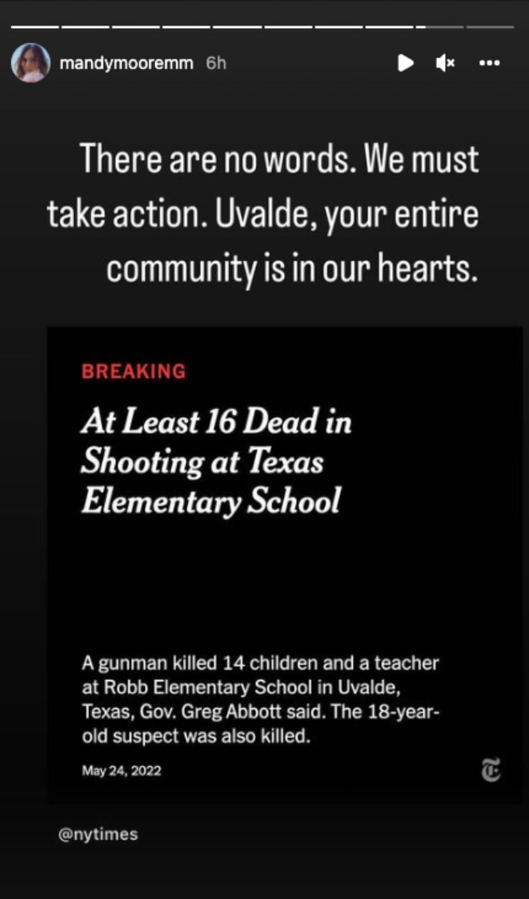 Mandy Moore posts about the Texas elementary school shooting on her Instagram story on May 24, 2022.