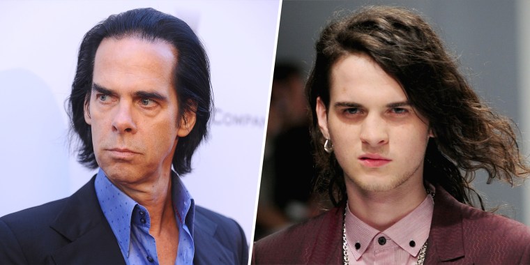 (L) Musician Nick Cave attends the premiere of "Wind River"  in 2017; (R) Model Jethro Lazenby Cave walks the runway during the a Versace show in 2010.  