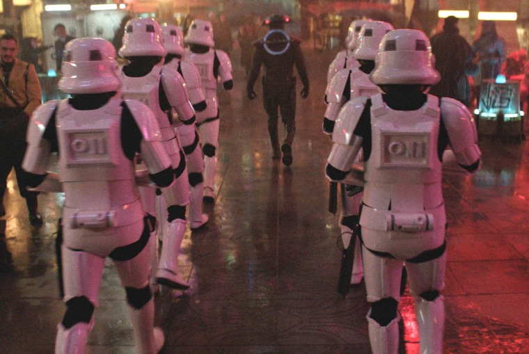 Stormtroopers walk in formation during a scene in the Disney+ series, "Obi-Wan Kenobi."