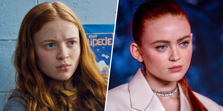 Pictured, l-r: Sadie Sink in Season Two of "Stranger Things," and Sink at the "Stranger Things" premiere in 2022.
