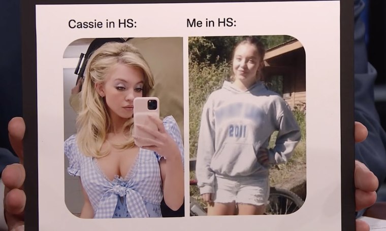 Jimmy Fallon held up a meme showing Sydney Sweeney as her teenage "Euphoria" character, Cassie, left, next to a pic of Sweeney herself around the same age.