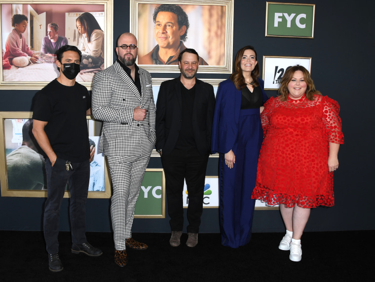Milo Ventimiglia, Chris Sullivan, Dan Fogelman, Mandy Moore and Chrissy Metz at the "This Is Us" event in Los Angeles on May 22, 2022.