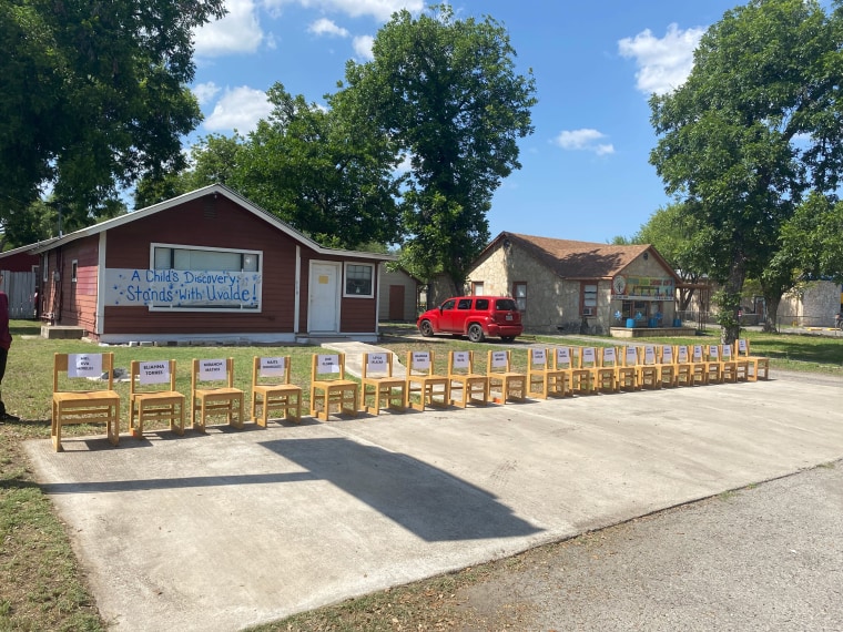 Empty chairs: Morales's memorial has 19 small chairs for the child victims, and two adult chairs for the teachers who died in the shooting.