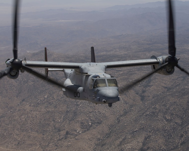 In this photo provided by U.S. Marine Corps/3rd MAW, an MV-22B Osprey with Marine Operational Test and Evaluation Squadron (VMX) 1 transports ordnance during an Expeditionary Advanced Base Operation (EABO) exercise to Old Highway 101 near Marine Corps Base Camp Pendleton, Calif., on May 25, 2022. Five U.S. Marines were killed during a training flight crash of an Osprey tiltrotor aircraft that went down in a remote area in Imperial County, about 115 miles (185 kilometers) east of San Diego and about 50 miles (80 kilometers) from Yuma, Ariz. (U.S. Marine Corps via AP)