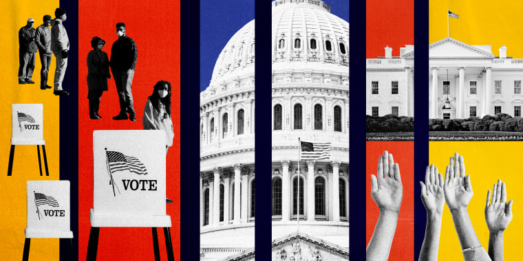 Photo illustration of voters, voting booths, the Capitol, the White House, and raised hands.