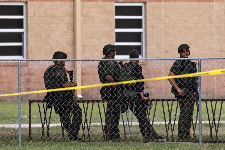Law enforcement at the scene after a mass shooting at Robb Elementary School in Uvalde, Texas, on May 24, 2022.