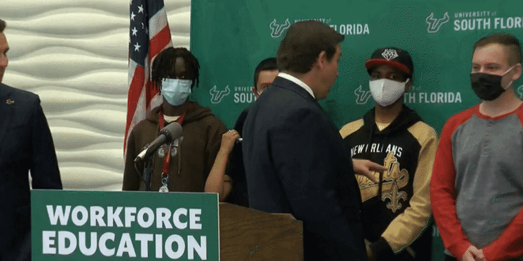 Florida Gov. Ron DeSantis scolds students for wearing face masks during his visit to University of South Florida.