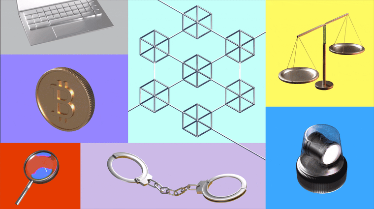 Moving Illustration of a laptop, a bitcoin, a magnifying glass, a handcuff, a siren and a weighing scale in a grid.