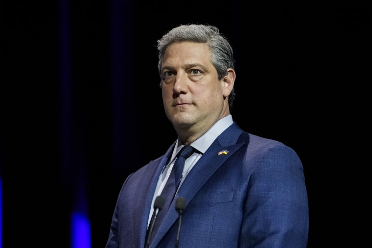 U.S. Senate Democratic candidate Rep. Tim Ryan, D-Ohio, stands at the end of Ohio's Democratic primary debate on March 28, 2022, in Wilberforce.