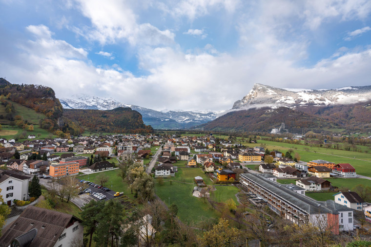 Image: Aerial view of Balzers, Liechtenstein with the Alps.