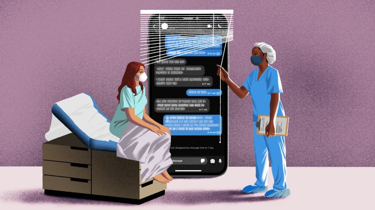 Illustration: A nurse in scrubs pulling the blinds down over a mobile phone shaped windows as a patient waits in an abortion clinic. The chat bubbles inside the phone are blurred out.