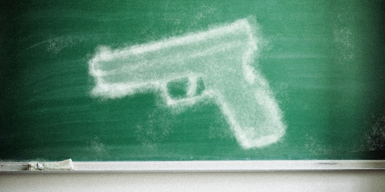 Photo Illustration: A chalk drawing of a handgun on a chalkboard