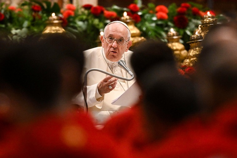 Pope Francis speaks during Pentecost Mass on June 5, 2022, at St. Peter's Basilica in The Vatican.