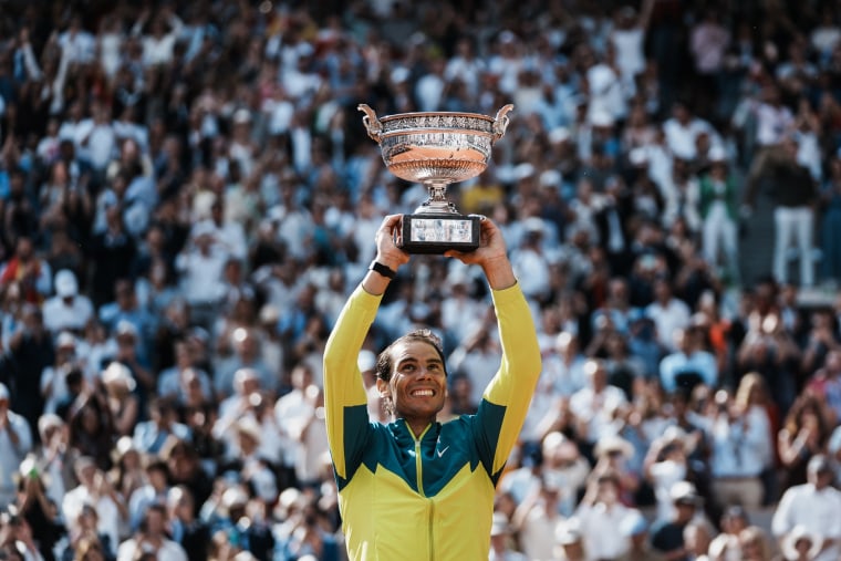 Rafael Nadal lifts the cup after defeating Norway's Casper Ruud during their final match of the French Open tennis tournament at the Roland Garros stadium on June 5, 2022, in Paris.