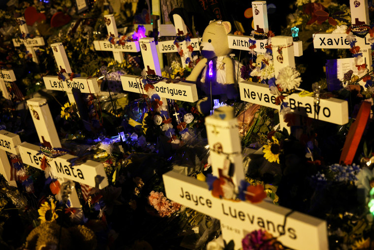 Flowers and plush toys are seen at a memorial dedicated to the victims of the mass shooting at Robb Elementary School on June 2, 2022, in Uvalde, Texas.