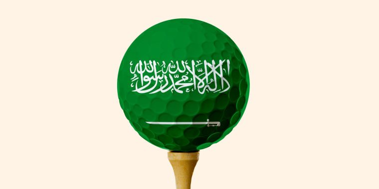 Photo Illustration: A golf ball with the Saudi Arabian flag superimposed on it