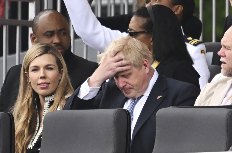 British Prime Minister Boris Johnson and his wife Carrie during the Platinum Jubilee Pageant in London on Sunday. 