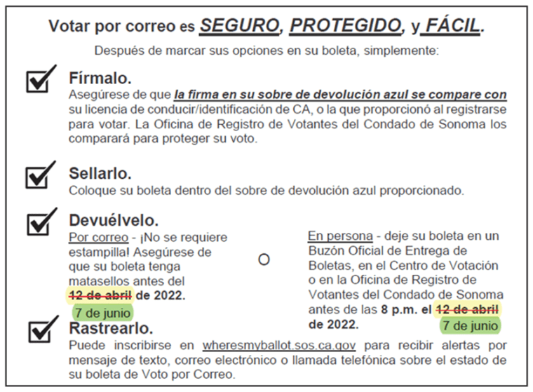 One of the pages in the Spanish-language voter information guide for Sonoma County directed voters to return their votes by mail ballots by April 12 instead of by June 7. 