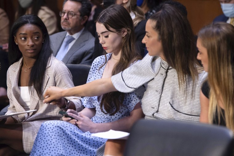 U.S. gymnasts from left, Simone Biles, McKayla Maroney, Aly Raisman and Maggie Nichols, arrive to testify during a Senate Judiciary hearing about the Inspector General's report on the FBI's handling of the Larry Nassar investigation on Capitol Hill, on Sept. 15, 2021.