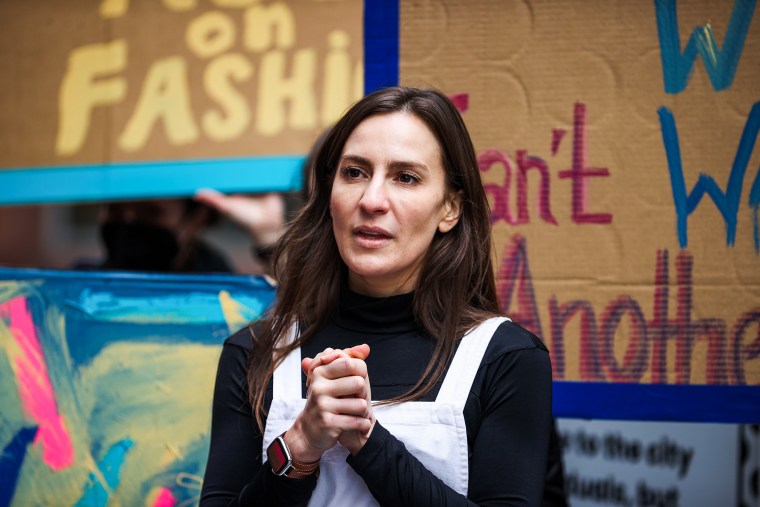 New York State Sen. Alessandra Biaggi attends The Fashion Act Rally in New York on Feb. 12, 2022.