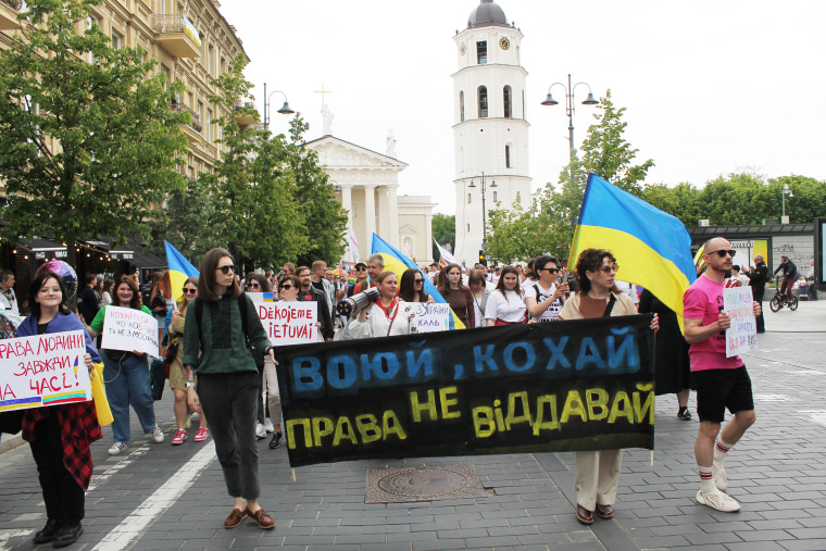 The Ukrainian bloc of protesters at the Baltic Pride march Sunday in Vilnius, Lithuania.