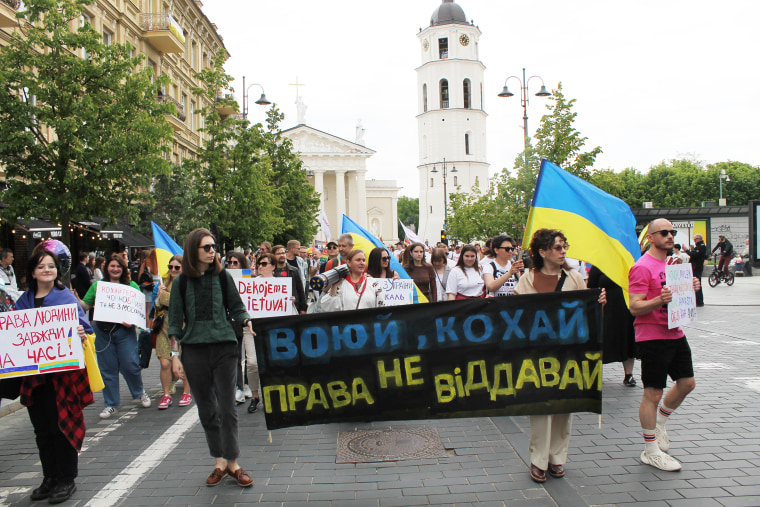 The Ukrainian bloc of protesters at the Baltic Pride march in Vilnius, Lithuania, on June 5, 2022.