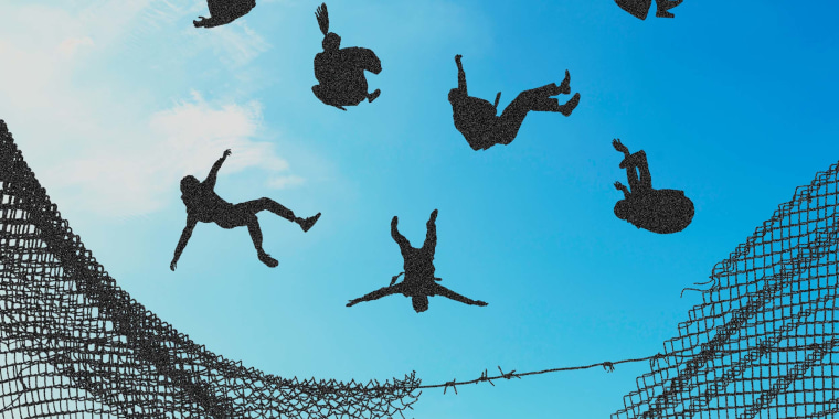 Photo Illustration: People fall through the sky into a broken safety net