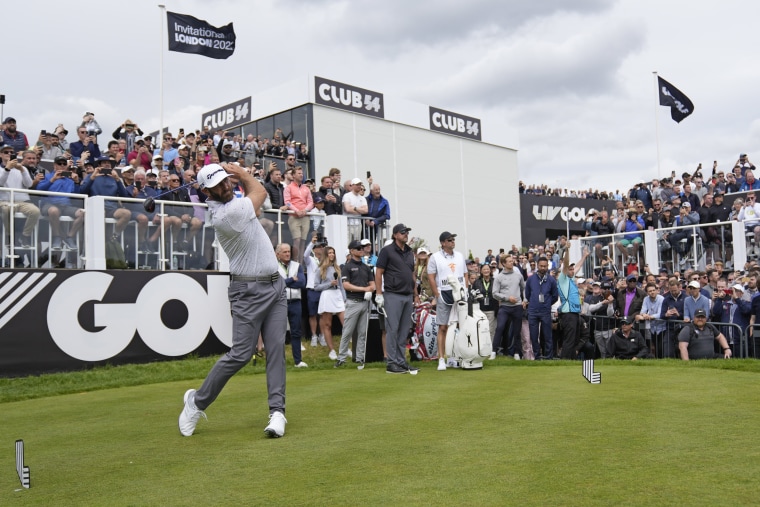 Dustin Johnson of the United States plays from the first tee during the first round of the inaugural LIV Golf Invitational at the Centurion Club in St. Albans, England, on June 9, 2022.