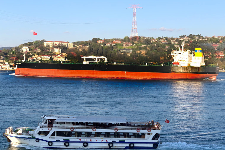 The Greek-flagged oil tanker Prudent Warrior, background, sails past Istanbul, on April 19, 2019.
