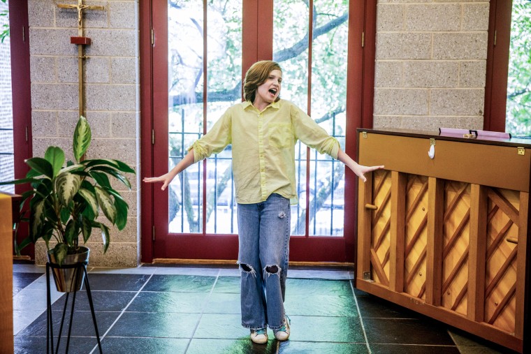 Michael Coppola sings "Let It Go" during a voice lesson at Trinity Lower East Side Lutheran Parish on May 28, 2022, in New York.