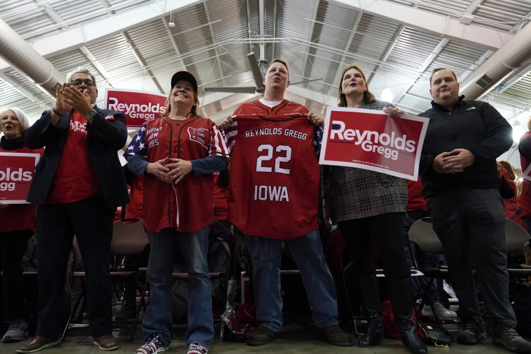 Supporters listen as Iowa Gov. Kim Reynolds speaks during a rally, Wednesday, March 9, 2022, in Des Moines, Iowa.
