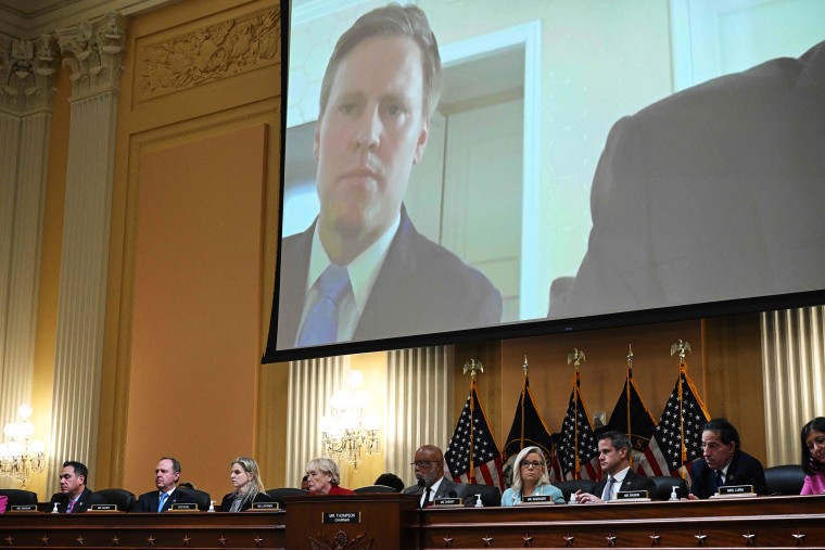 Image: Former Trump campaign manager Bill Stepien, is displayed on a screen during a hearing by the Select Committee to Investigate the January 6th Attack on the Capitol on June 13, 2022 in Washington.