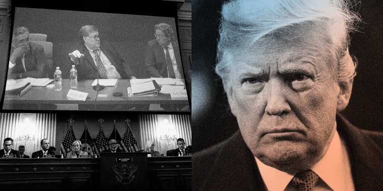 Photo composite of former Attorney General William Barr testifying to the Jan. 6 committee via video on June 13, 2022, and former President Donald Trump.