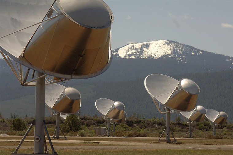 These antennas, each about 20 feet in diameter, are part of the Allen Telescope Array, in the California Cascades about 250 miles north of San Francisco. The Array, which has 42 antennas in total, was built by the SETI Institute to be optimized for its searches for extraterrestrial transmissions.