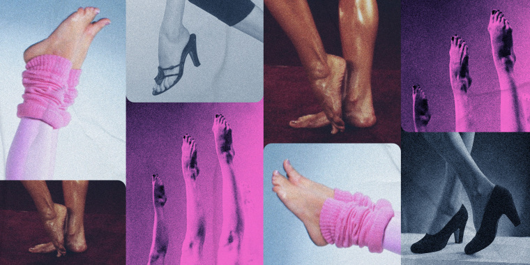 Photo illustration of women's feet in heels, bare on the floor, and elevated in exercise.
